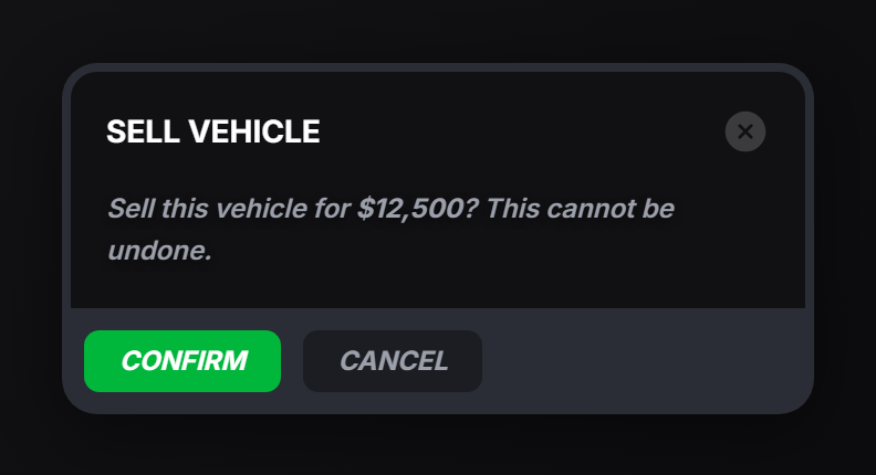A dialog titled "Sell vehicle" with markdown body and Cancel / Confirm buttons