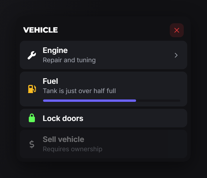 A context menu titled "Vehicle" with a submenu arrow, a progress row, an icon row and a disabled row