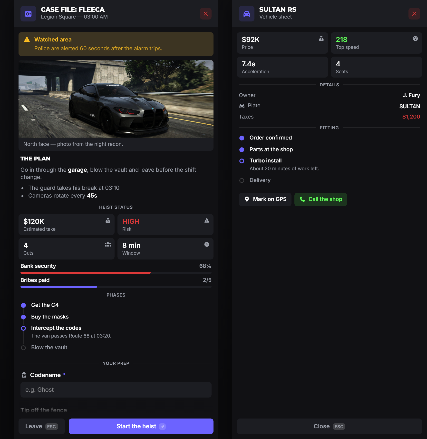 Two drawers side by side: a heist dossier with a callout, image, markdown, stats, progress bars, a timeline and form fields, and a vehicle sheet with stats, key/value rows, a timeline and action buttons