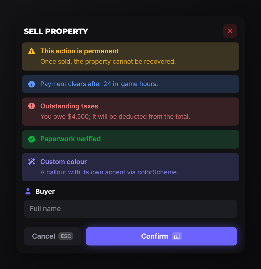 A dialog mixing warning, info, error, success and custom-accent callouts with a text field