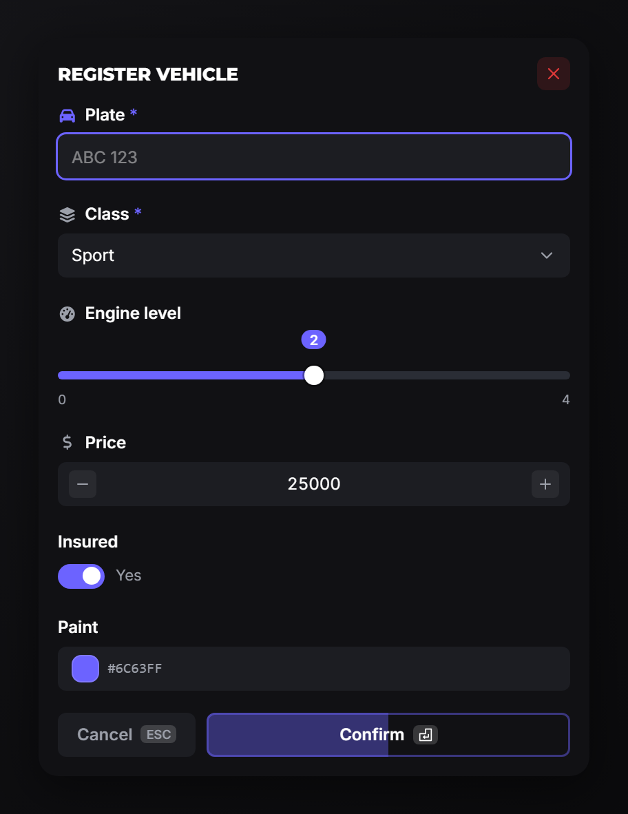 A form titled "Register vehicle" with text, select, slider, number, checkbox and colour fields