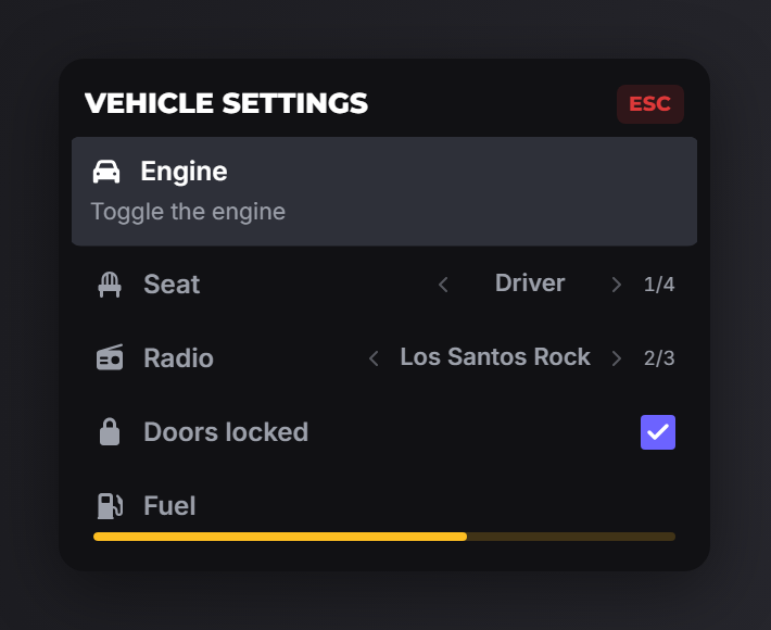 A list menu titled "Vehicle settings" with a highlighted row, two side-scroll rows, a checkbox and a fuel bar