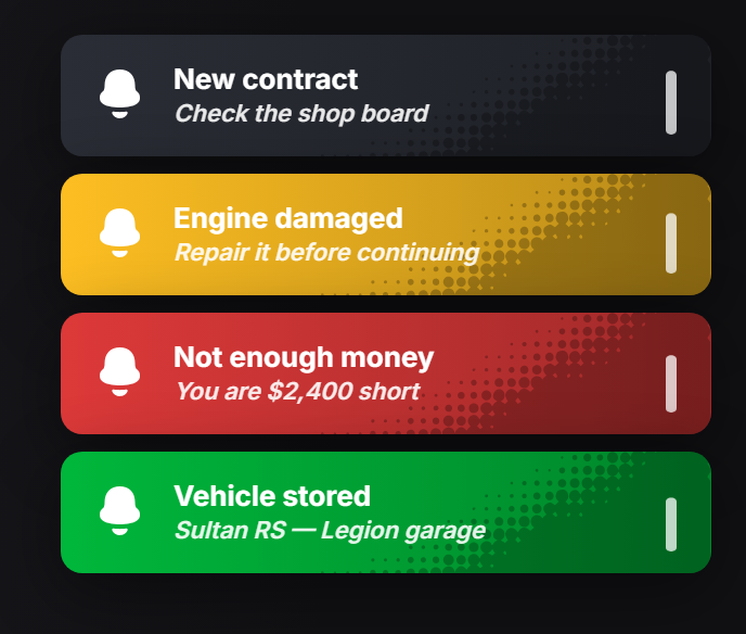 Four notifications stacked in the top right: success, error, warning and info