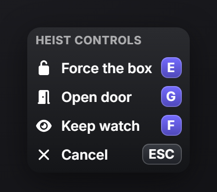 A titled panel listing four icon + label + key rows